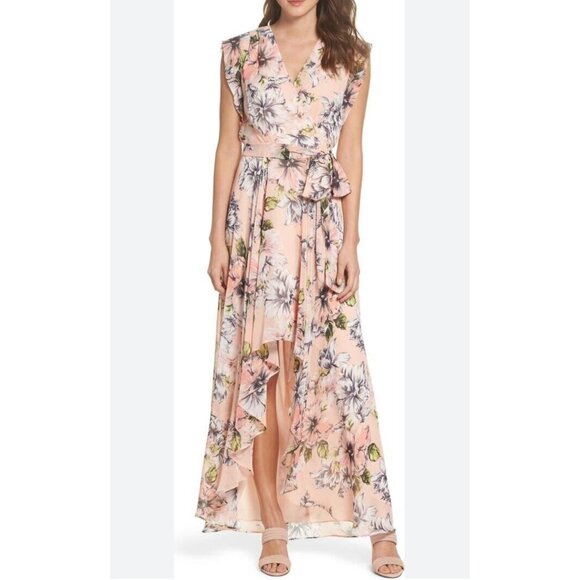 Eliza J floral ruffle high‎ low maxi dress blush pink boho wedding sz 10 - Picture 1 of 10